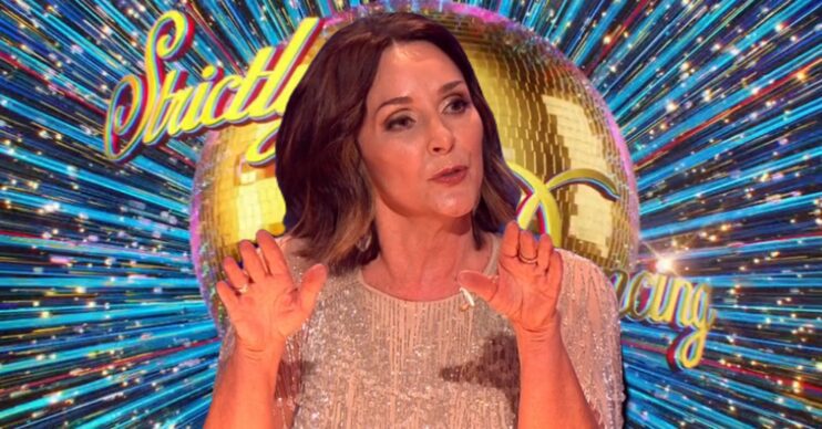 Shirley Ballas giving feedback on Strictly with logo behind her