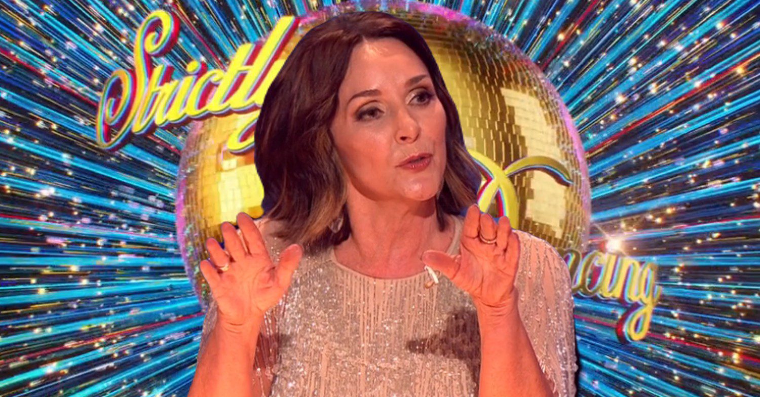 Shirley Ballas giving feedback on Strictly with logo behind her