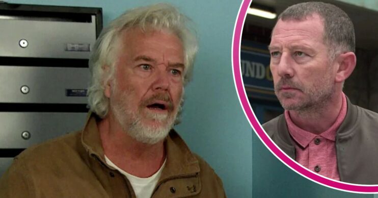 Stu looking angry on Corrie; inset, Eliza's dad, Dom (Credit: ITV/Composite: ED!)