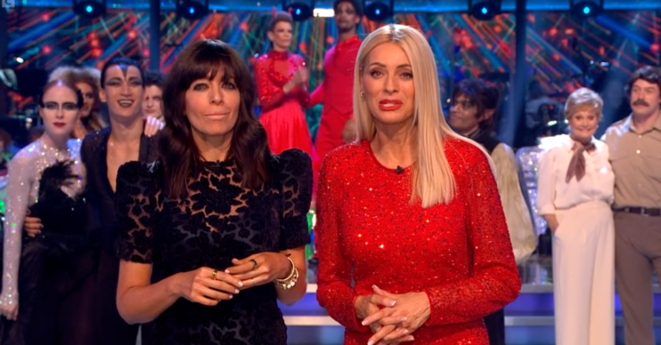 Claudia Winkleman and Tess Daly in front of the Strictly contestants
