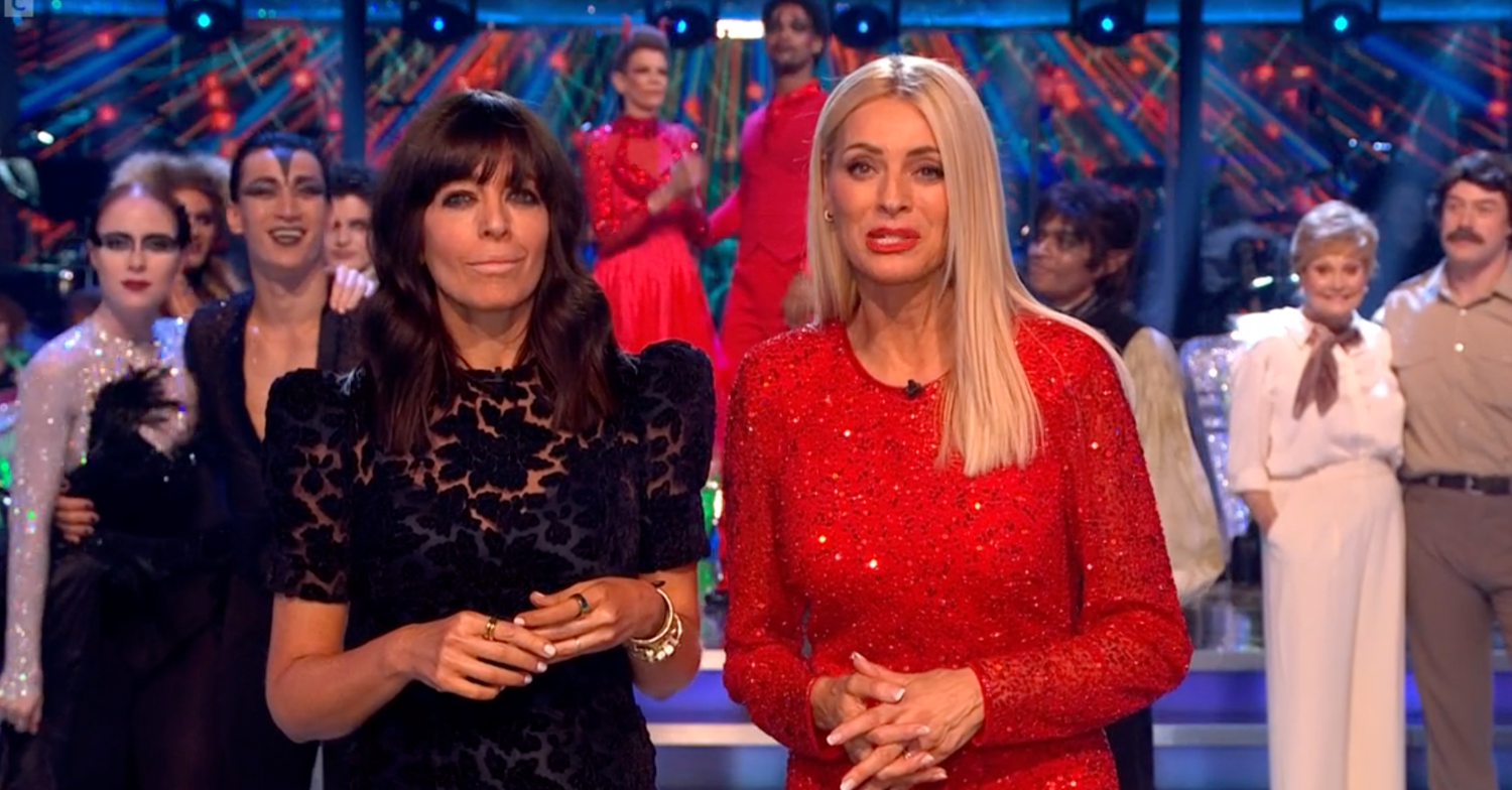 Claudia Winkleman and Tess Daly in front of the Strictly contestants