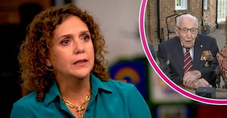 Hannah Ingram-Moore crying during an interview with Piers Morgan and a photo of her dad shown next to her