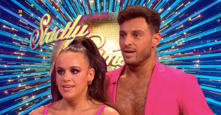 Strictly logo with stars Vito and Ellie looking shocked