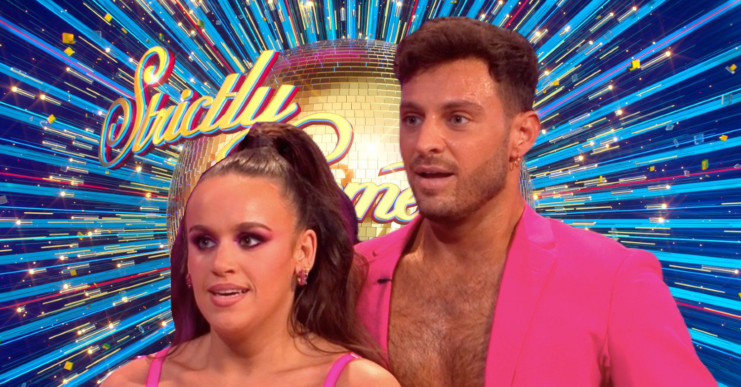 Strictly logo with stars Vito and Ellie looking shocked