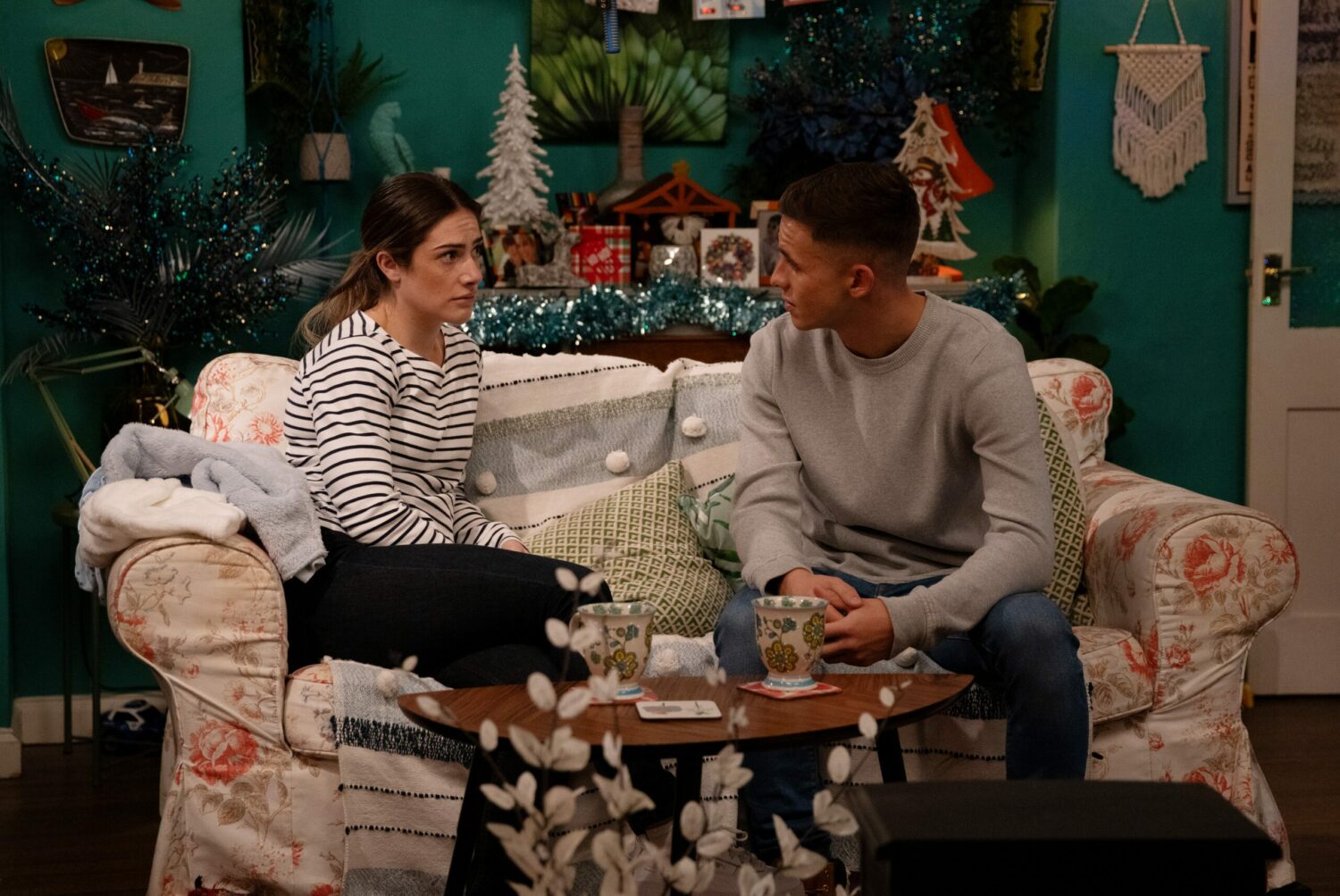 Victoria and Jacob look lovingly at each other on Emmerdale