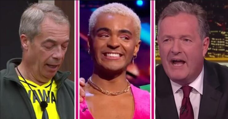 Nigel Farage looks down, Layton Williams smiles, Piers Morgan looks angry