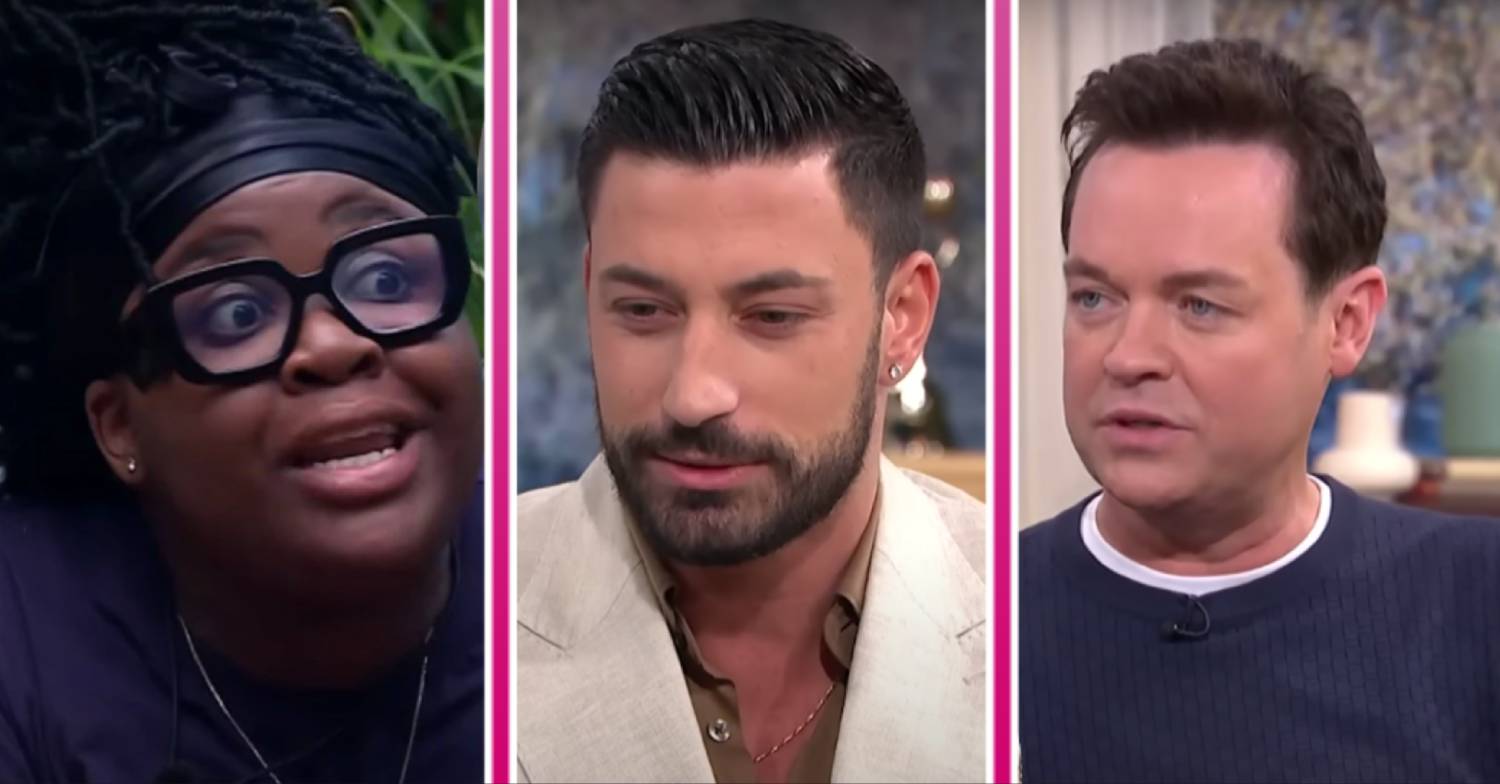 Nella Rose looks animated, Giovanni Pernice looks down, Stephen Mulhern looks serious