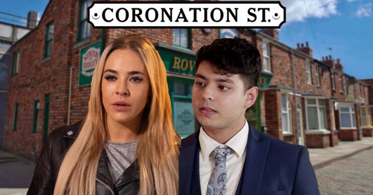 Coronation Street's Courtney, Aadi, the Coronation Street logo and background of the Rovers
