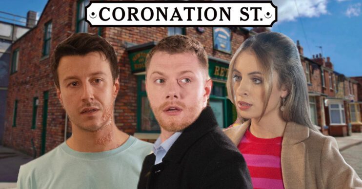 Coronation Street's Ryan, Daniel, Daisy, the Coronation Street logo and background of the Rovers