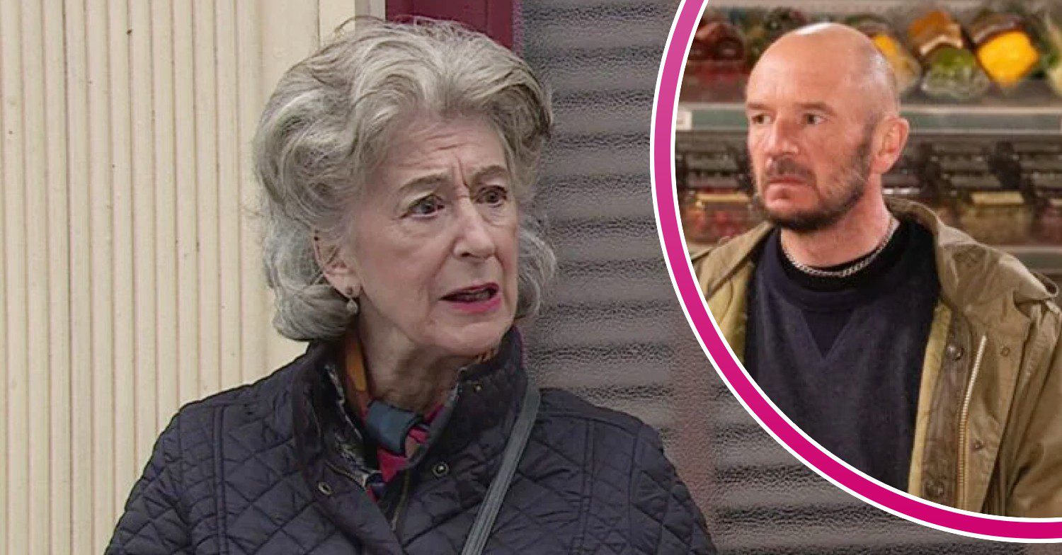 Evelyn looks scared; inset, Terry looking menacing (Credit: ITV/Composite: ED!)