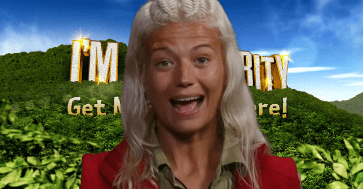 Danielle Harold with her mouth open against the I'm A Celebrity title card