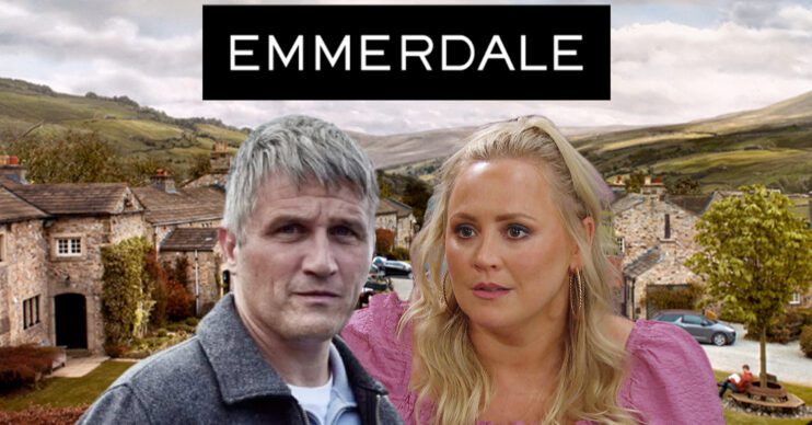 Emmerdale's Caleb, Tracy, the Emmerdale logo and background of the Dales
