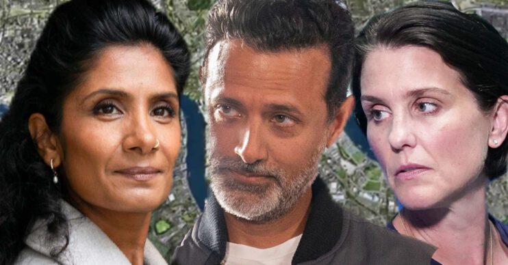 EastEnders' Suki, Nish, Eve, the background of the Thames