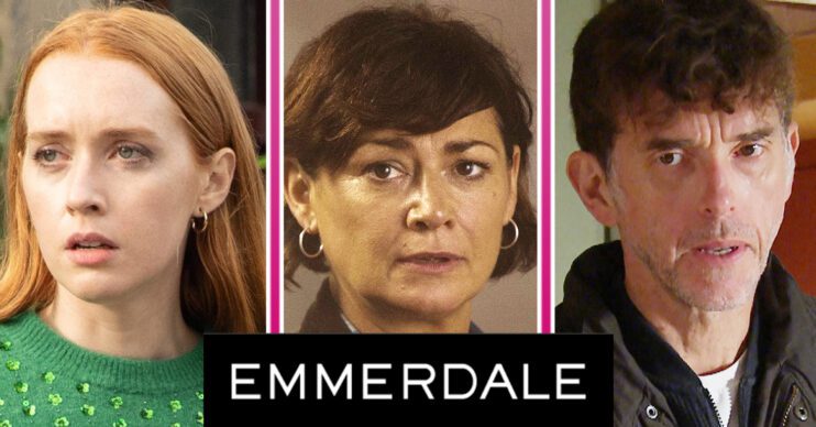 Emmerdale's Chloe, Moira and Marlon, the Emmerdale logo