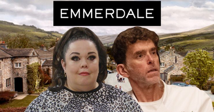 Emmerdale's Mandy, Marlon, the Emmerdale logo and background of the Dales