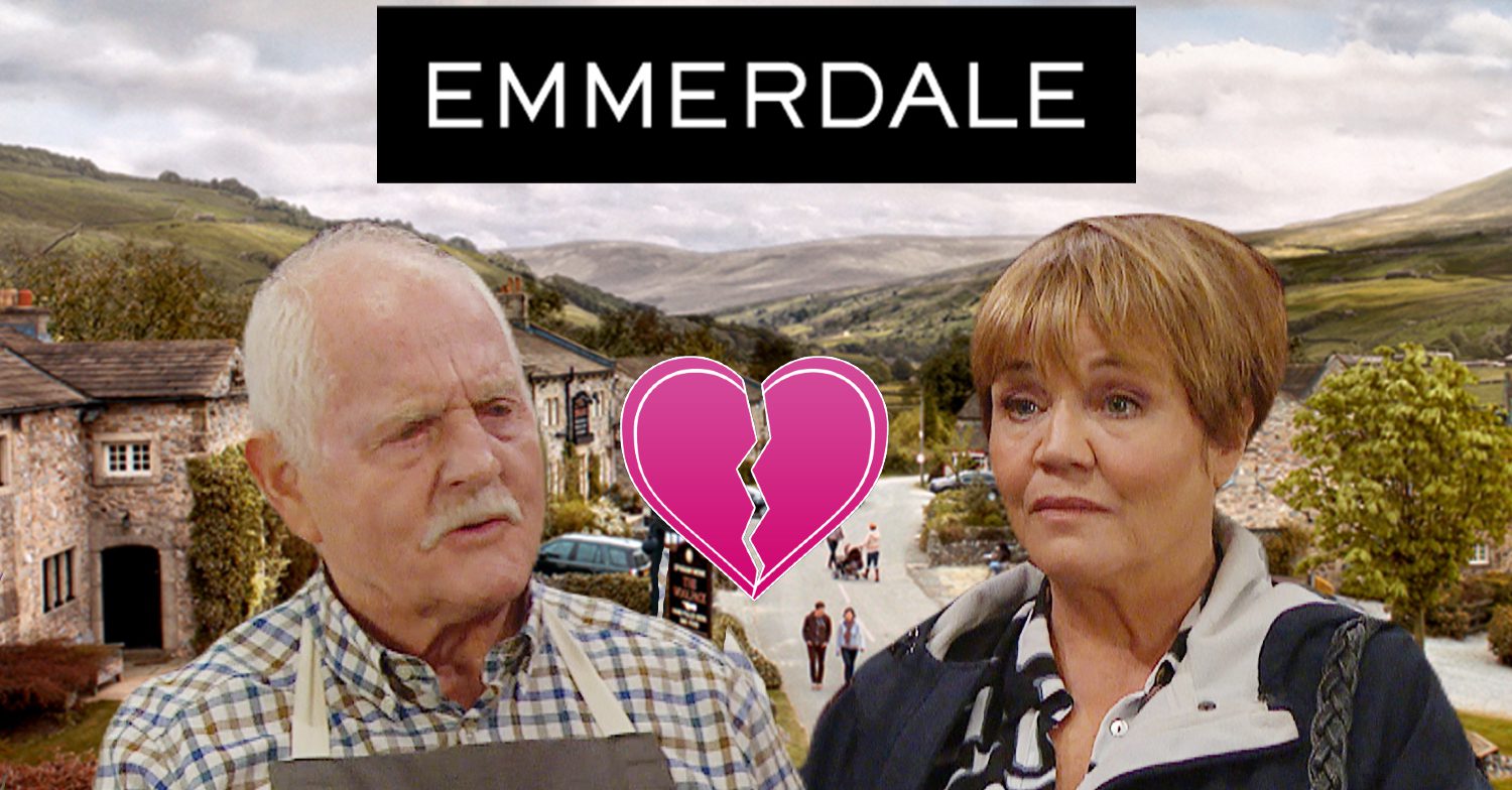 Emmerdale's Eric, Brenda, a broken heart, the Emmerdale logo and background of the Dales