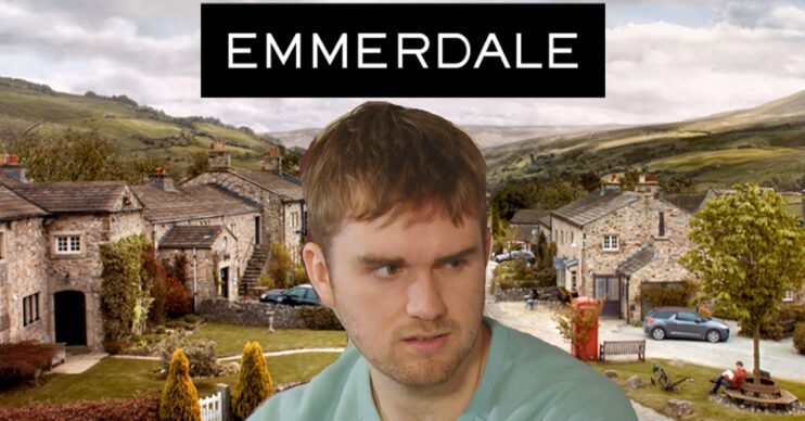 Emmerdale's Tom, the Emmerdale logo and background of the Dales
