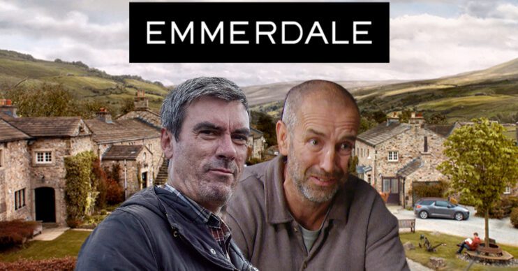 Emmerdale's Cain, Sam, the Emmerdale logo and background of the Dales