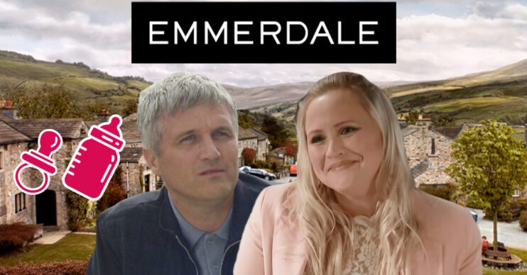 Emmerdale's Caleb, Tracy, the Emmerdale logo and background of the Dales
