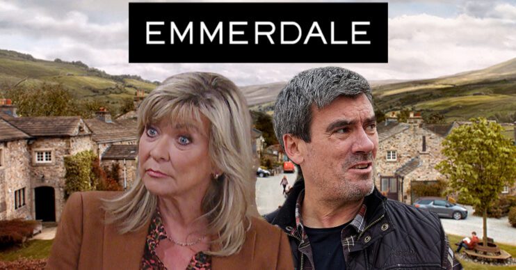 Emmerdale's Kim, Cain, the Emmerdale logo and background of the Dales