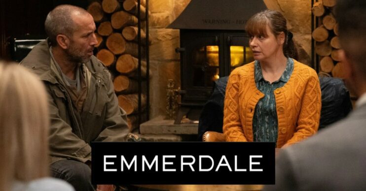 Emmerdale spoilers tonight comp image: Sam looking at Lydia stressed in the Woolpack with the show logo