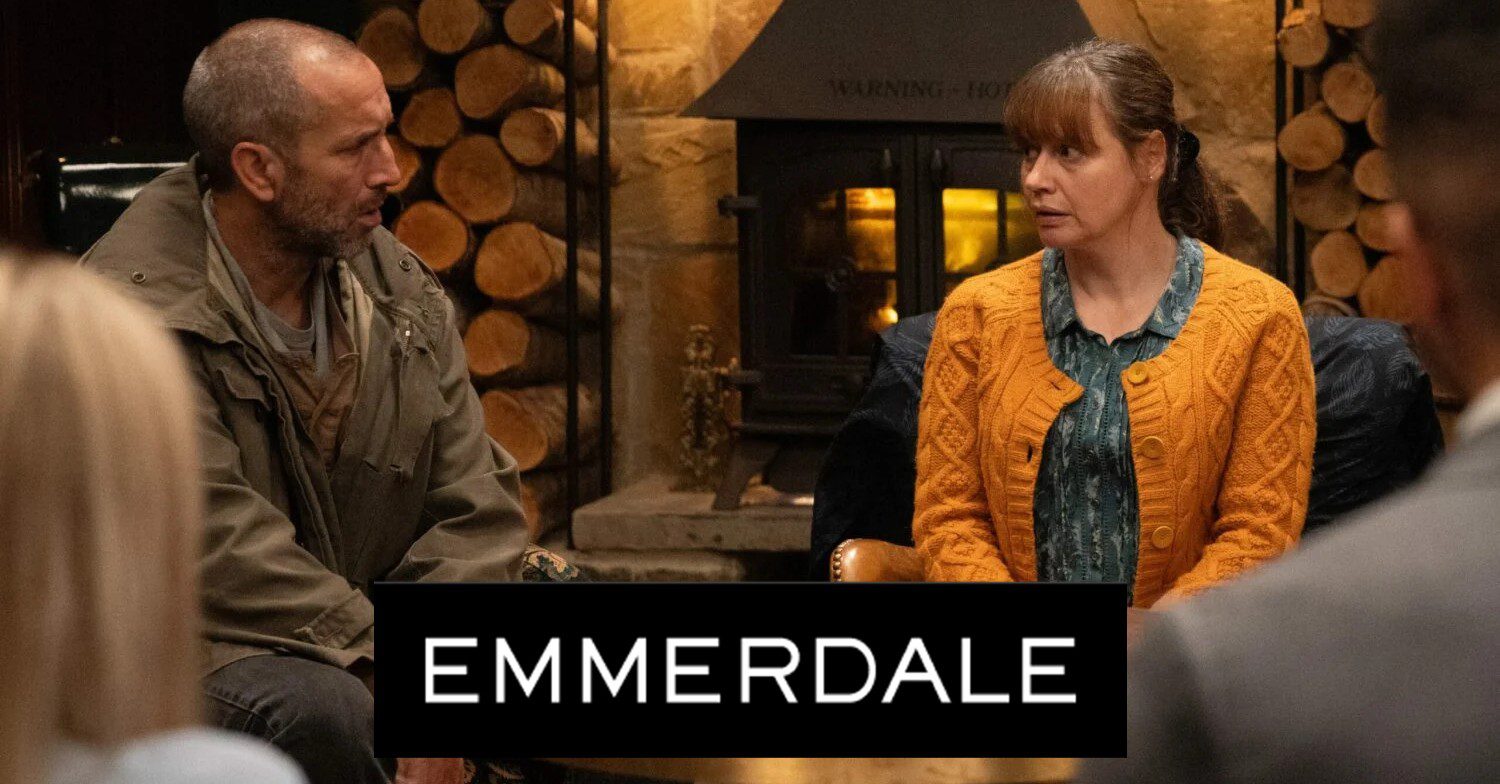 Emmerdale spoilers tonight comp image: Sam looking at Lydia stressed in the Woolpack with the show logo