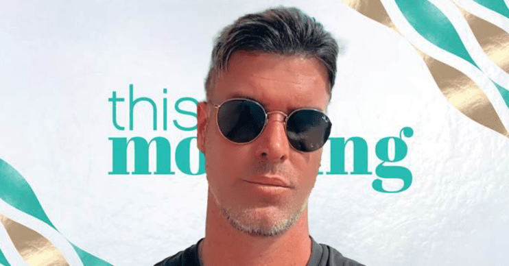 Harry Bott wearing sunglasses in front of the This Morning logo