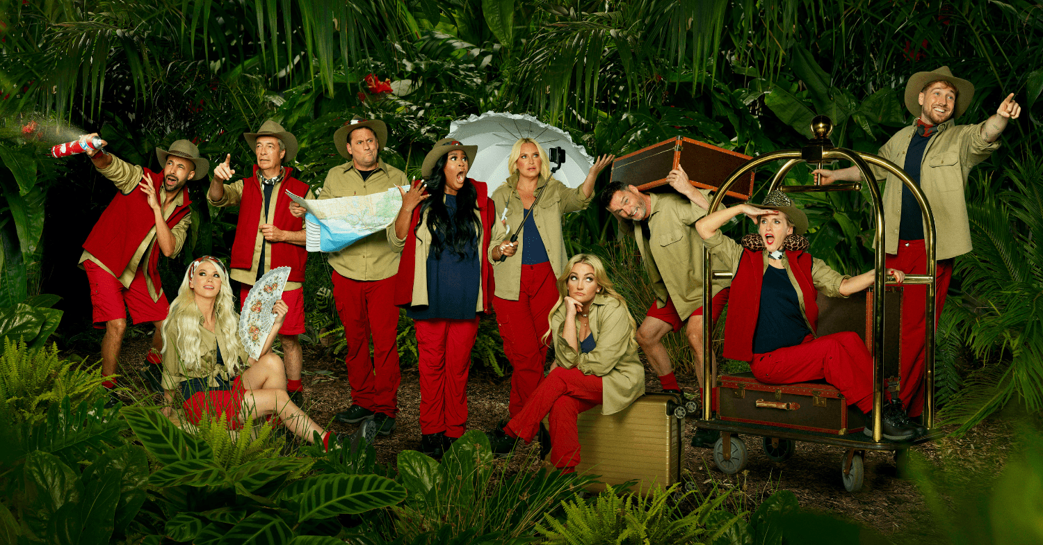 The 2023 celebrity line-up for I'm A Celebrity... Get Me Out Of Here! All standing in a line in their jungle attire