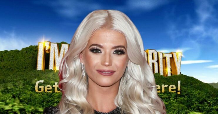 Danielle Harold in front of I'm A Celebrity logo