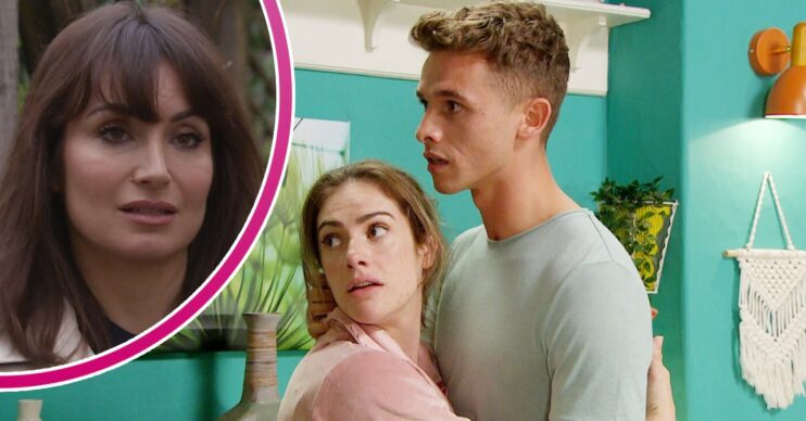 Jacob and Victoria look shocked, caught in a clinch; inset, Leyla looks suspicious (Credit: ITV/Composite: ED!)