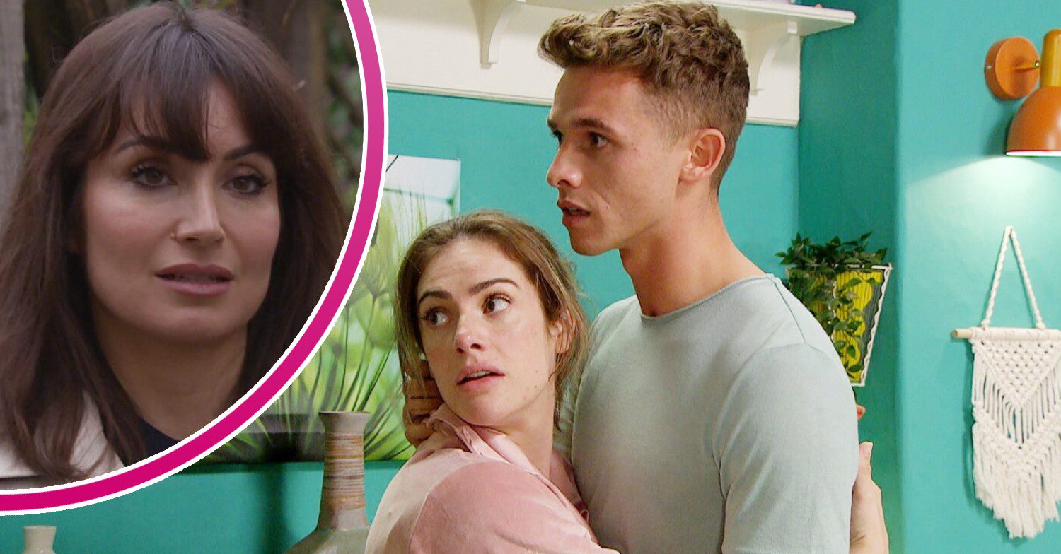 Jacob and Victoria look shocked, caught in a clinch; inset, Leyla looks suspicious (Credit: ITV/Composite: ED!)