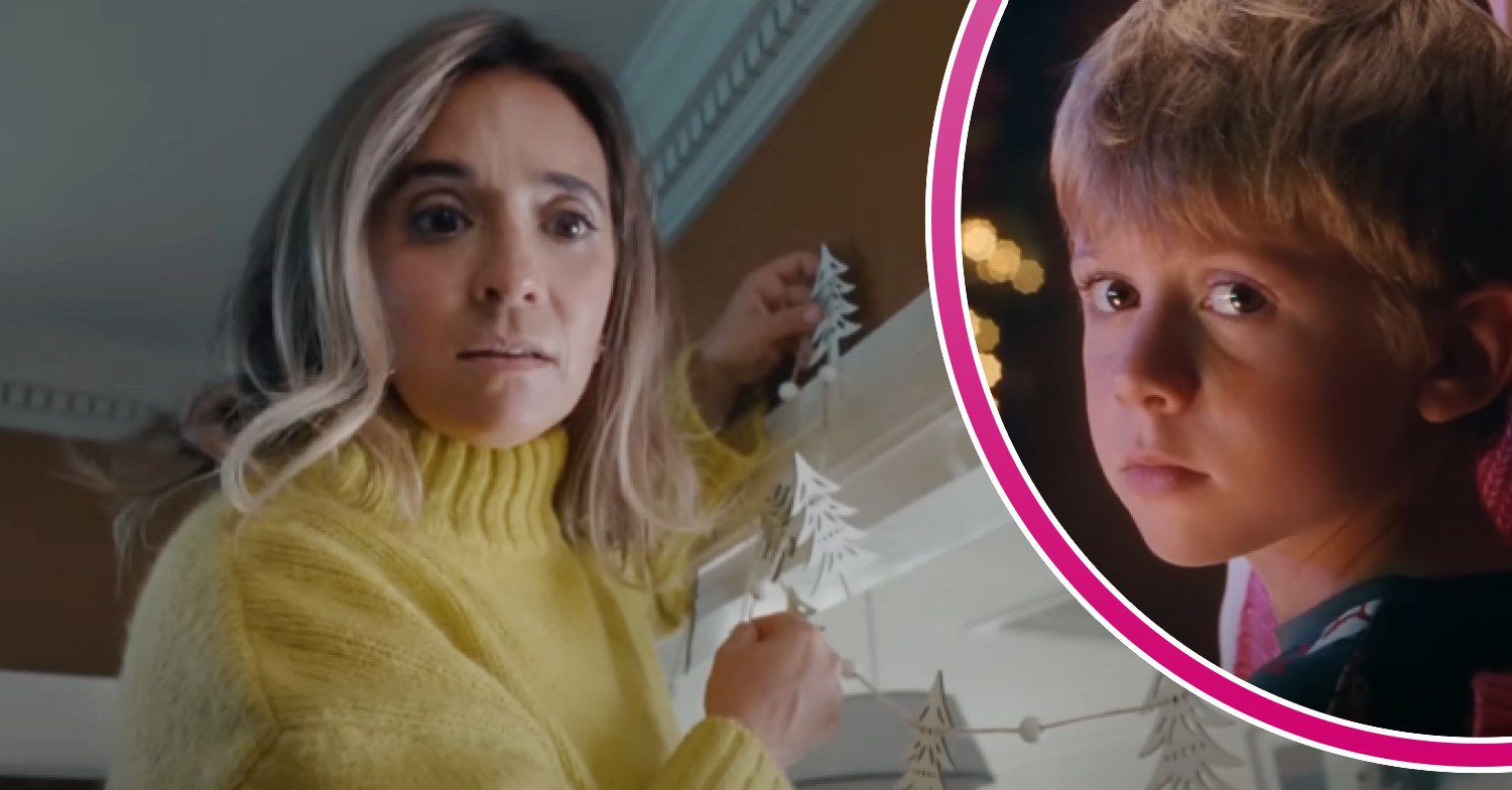 John Lewis ad featuring the mother looking shocked; inset, little boy looks sad (Credit: YouTube/Composite: ED!)