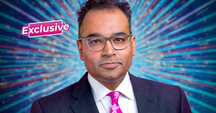 Krishnan Guru-Murthy with Exclusive banner