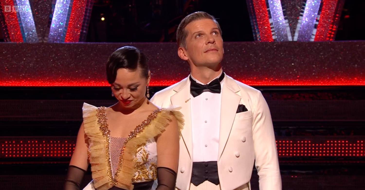 Katya Jones and Nigel Harman await the dance off confirmation