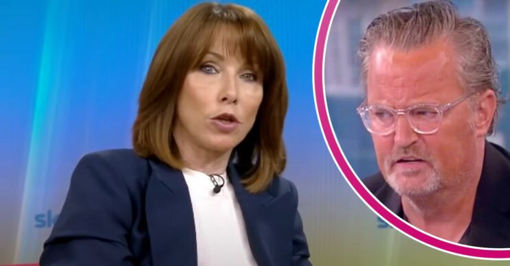 Kay Burley talking on Sky News; inset, Matthew Perry looking thoughtful (Credit: IYouTube/Composite: ED!)