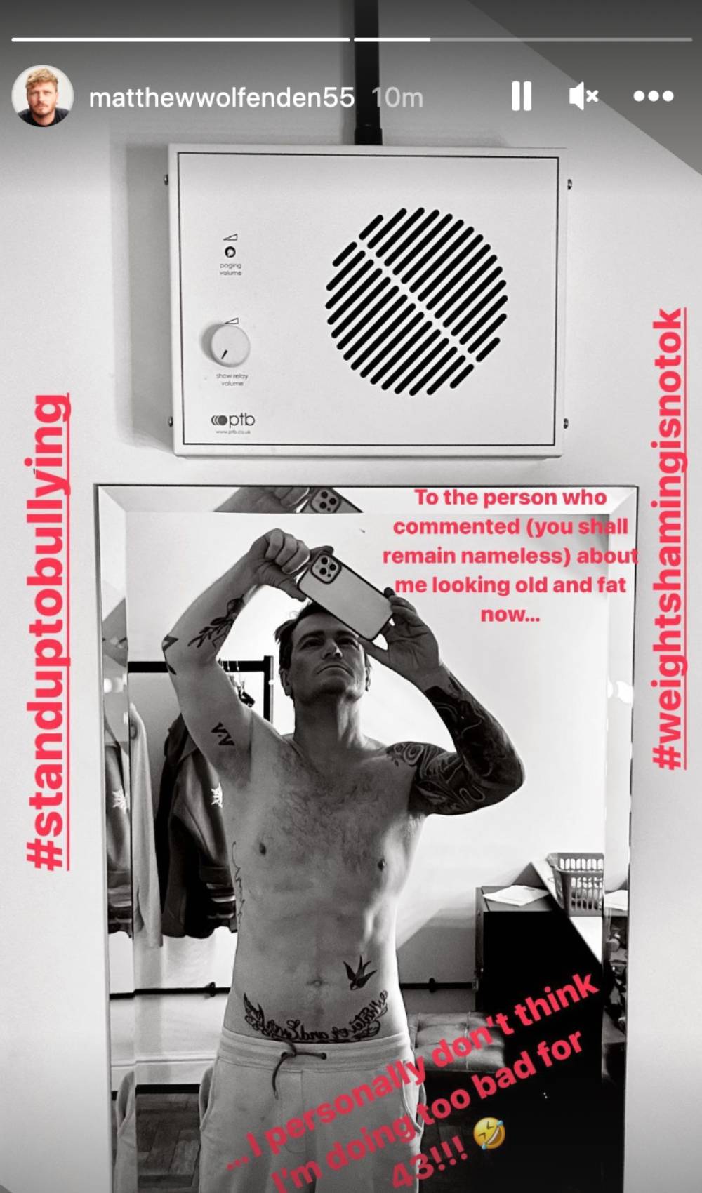Matthew Wolfenden hits back at troll on Instagram