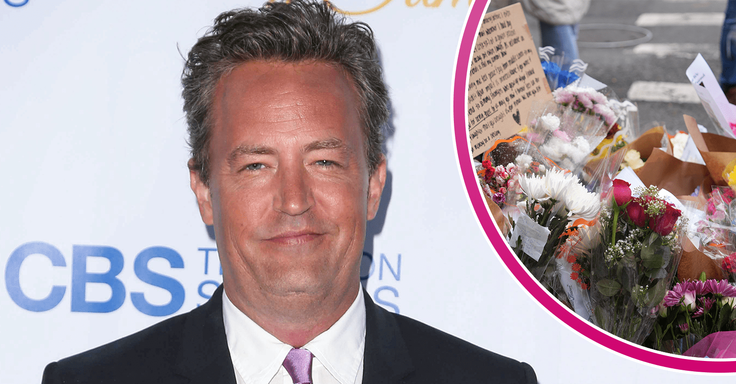 Matthew Perry smiling and flowers inset