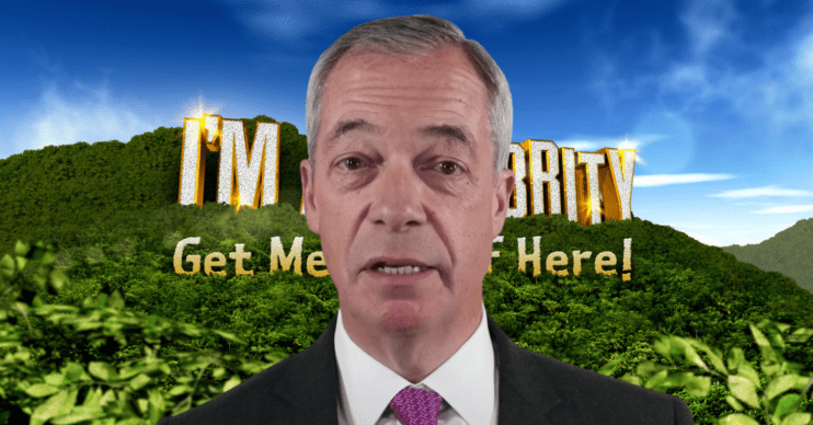 A picture of Nigel Farage in front of the I'm A Celebrity logo