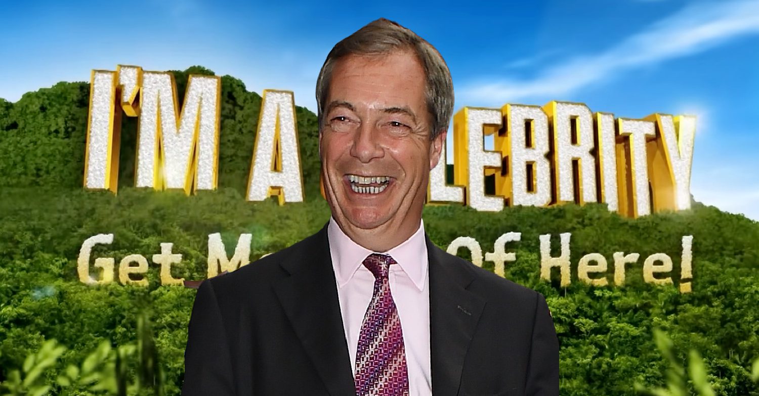 Nigel Farage smiling against the I'm A Celebrity backdrop