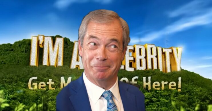 Nigel Farage in front of I'm a Celeb logo