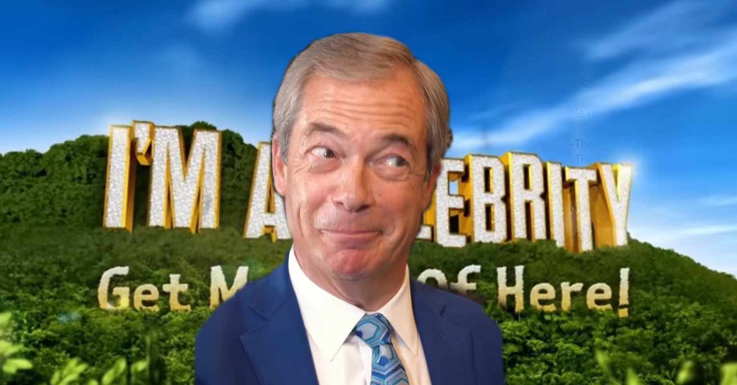 Nigel Farage in front of I'm a Celeb logo