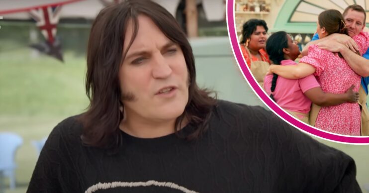 Noel Fielding on the Great British Bake Off in a black jumper talking to a contestant