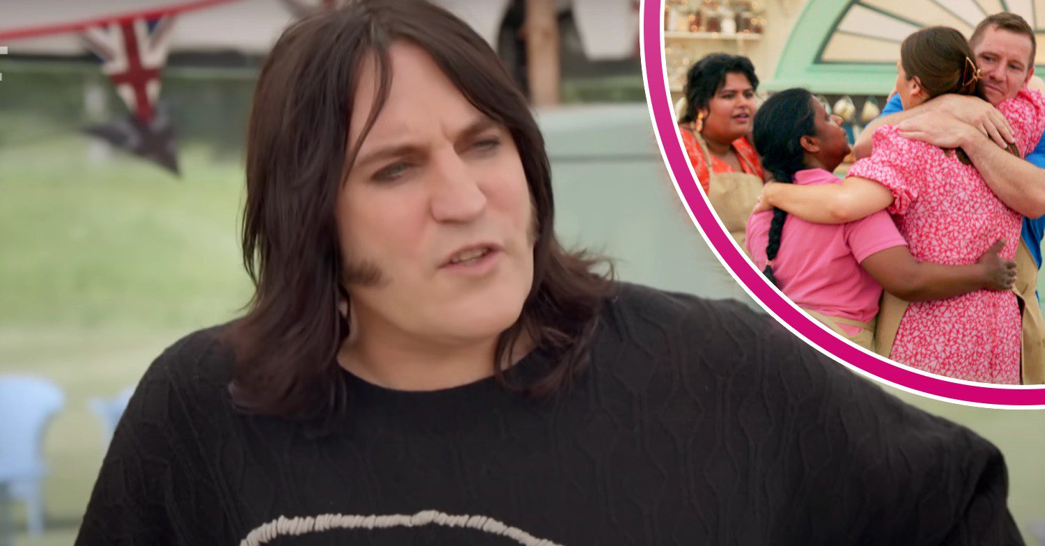 Noel Fielding on the Great British Bake Off in a black jumper talking to a contestant