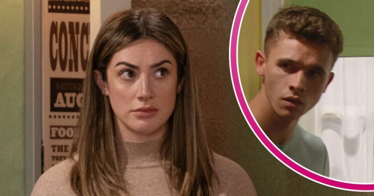 Victoria looks upset on Emmerdale; inset, Jacob looking shady (Credit: ITV/Composite: ED!)