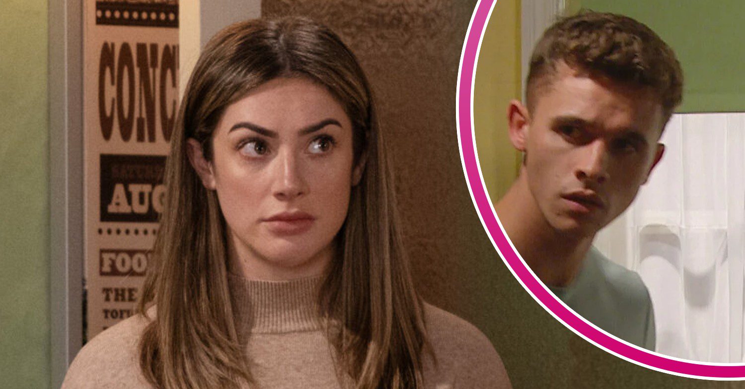 Victoria looks upset on Emmerdale; inset, Jacob looking shady (Credit: ITV/Composite: ED!)