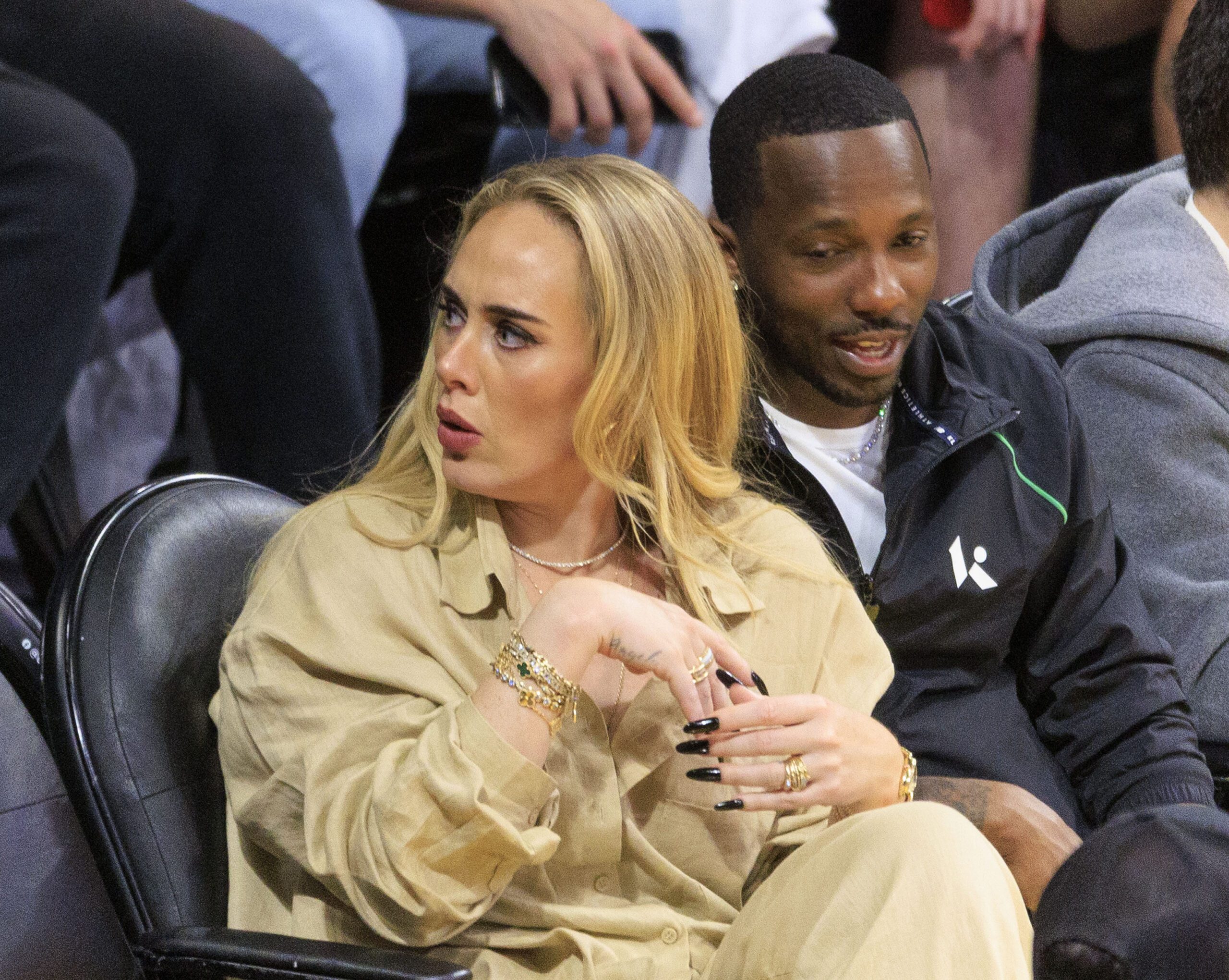 Adele and Rich Paul sit court side during Game 3 of the Western Conference semifinals between the Los Angeles Lakers and the Golden State Warriors on Saturday May 6, 2023 at Crypto.com Arena in Los Angeles, California