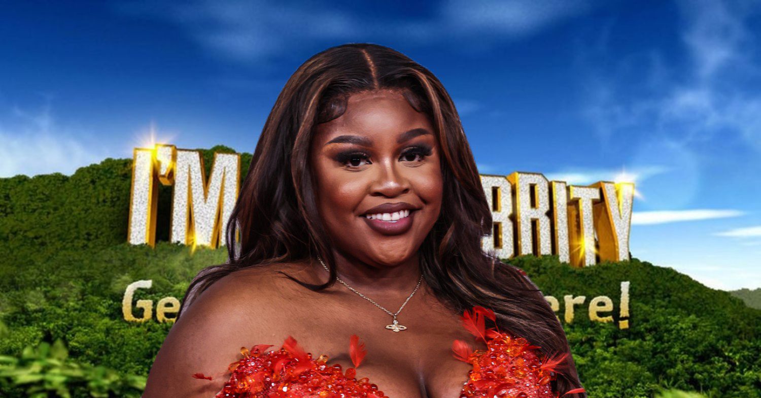 Nella Rose in front of I'm A Celebrity logo