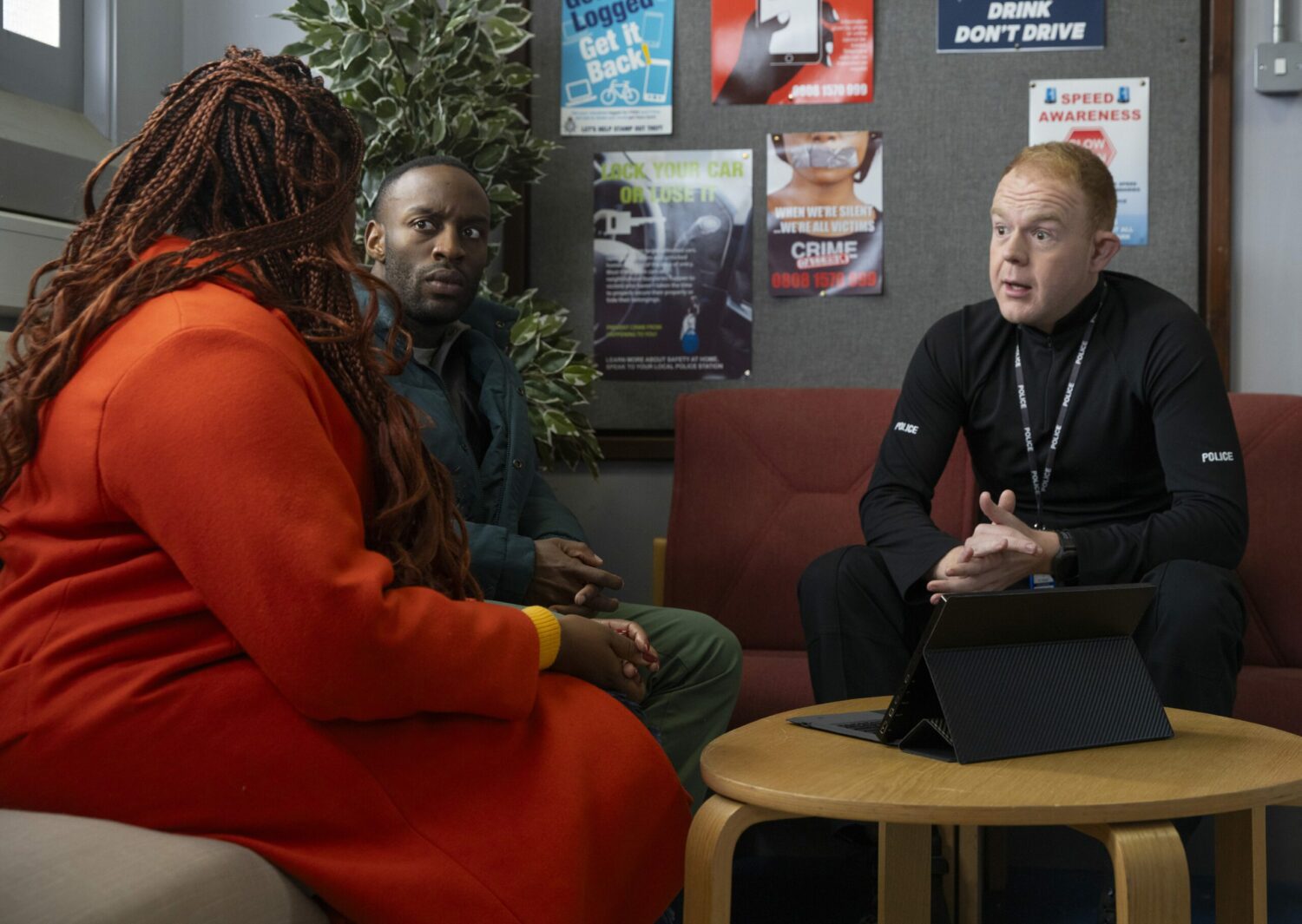 Dee-Dee Bailey, Michael Bailey and Craig Tinker look serious in Corrie