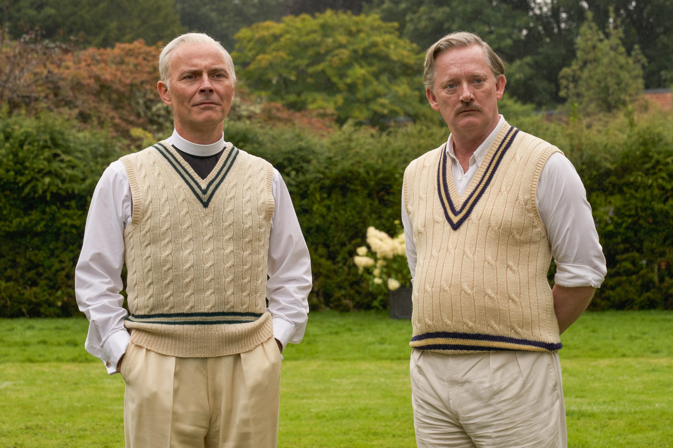 Mark Bonnar as Rev Humbleby (left) and Douglas Henshall as Major Horton (right) in BBC One's Murder is Easy 