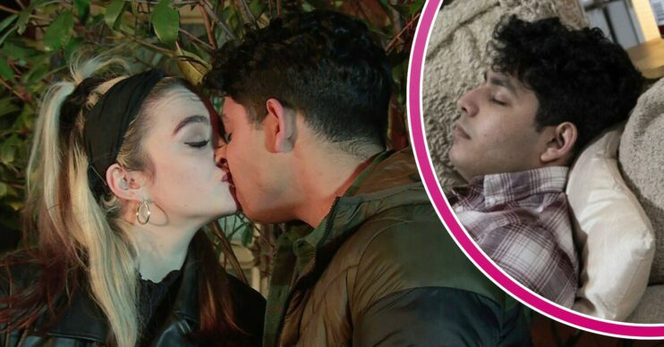 Aadi and Nina share a kiss on Coronation Street; inset, is Aadi dead? (Credit: ITV/Composite: ED!)